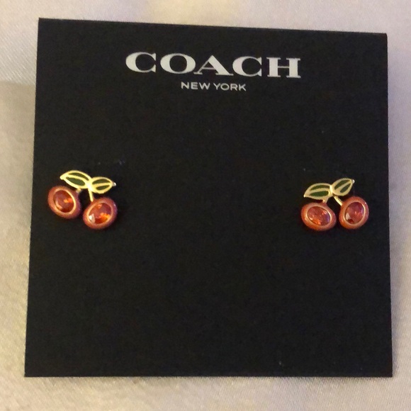 Coach Gold Tone & Red Crystal & Green Enamel Cherry Stud Earrings NWT - Picture 2 of 13